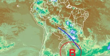 Ciclone extratropical, indicado pela letra B, e frente fria, indicada pela curva azul). se formaram sobre o Sul do Brasil em 24/10/24 (Imagem: GOES16/Climatempo)