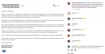 Publicação do CEO do Carrefour, Alexandre Bompard, em suas redes sociais