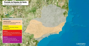 Mapa de risco de vento para esta sexta-feira 22 de novembro de 2024. Fonte: Climatempo