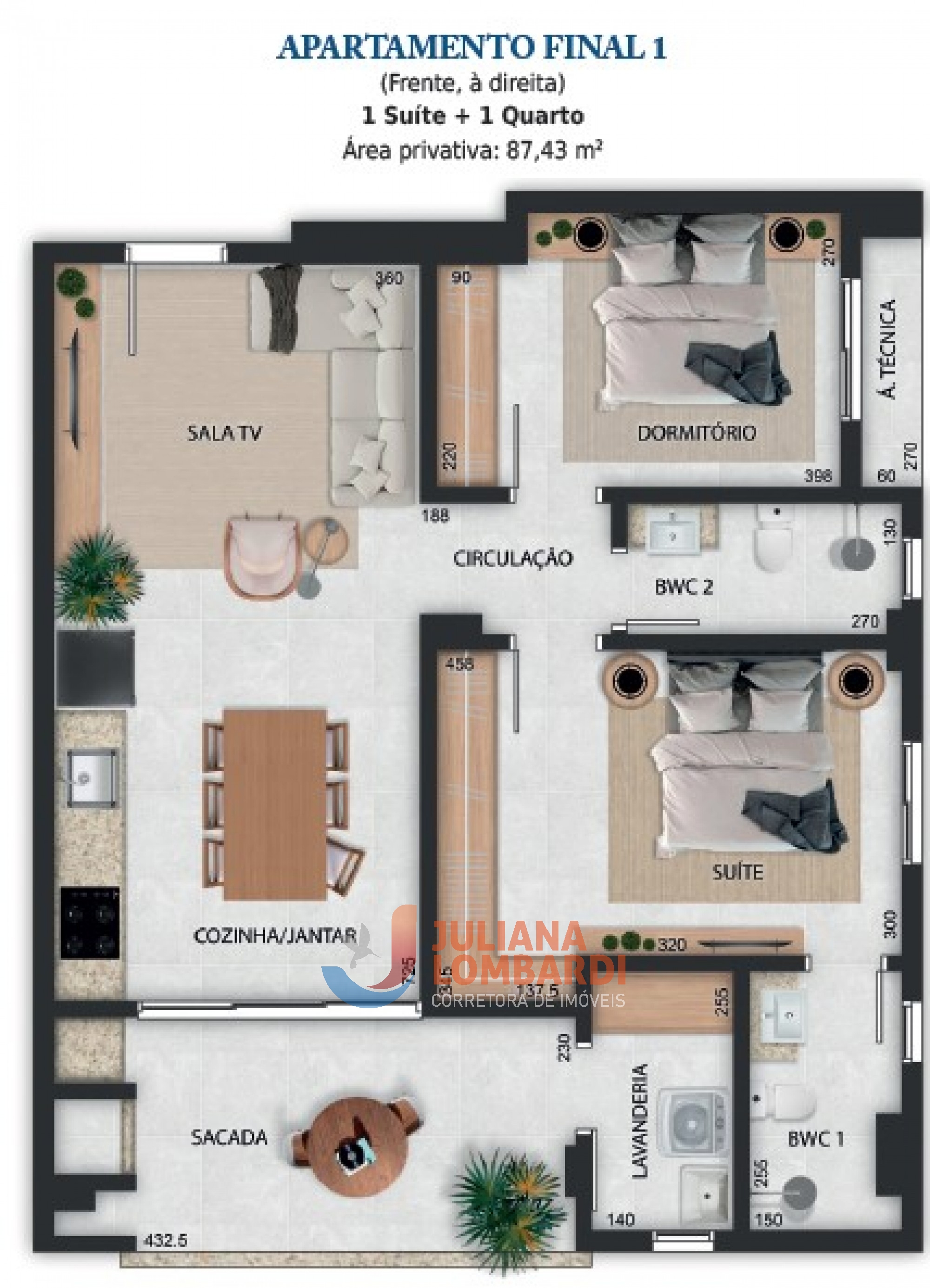 APARTAMENTO FINAL 1 (Frente, Ã  direita) 1 SuÃ­te + 1 Quarto Ãrea privativa: 87,43 m2