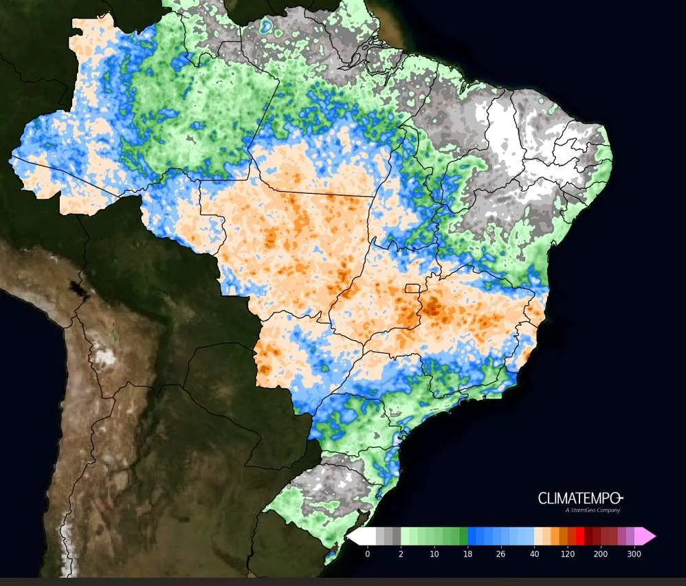 Acumulado de chuva previsto entre 29 de outubro de 2024 e 04 de novembro de 2024. Fonte: Climatempo.