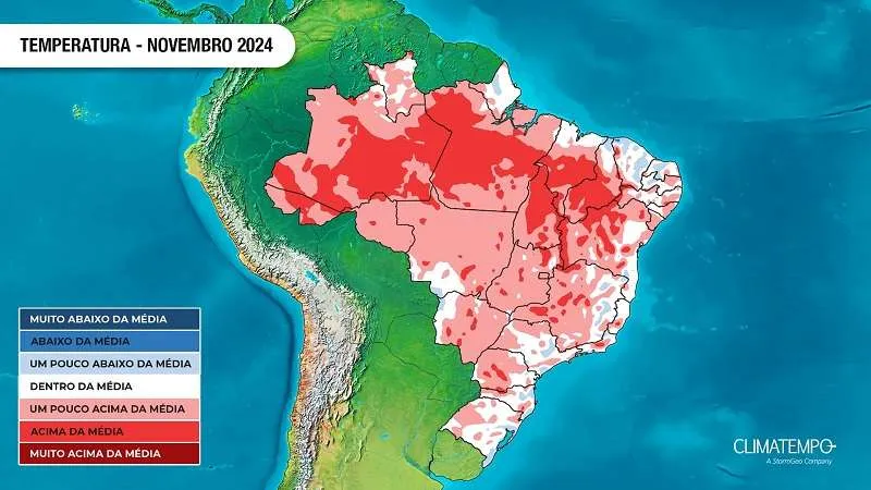 Anomalia de temperatura prevista para novembro de 2024 (Fonte: Climatempo)