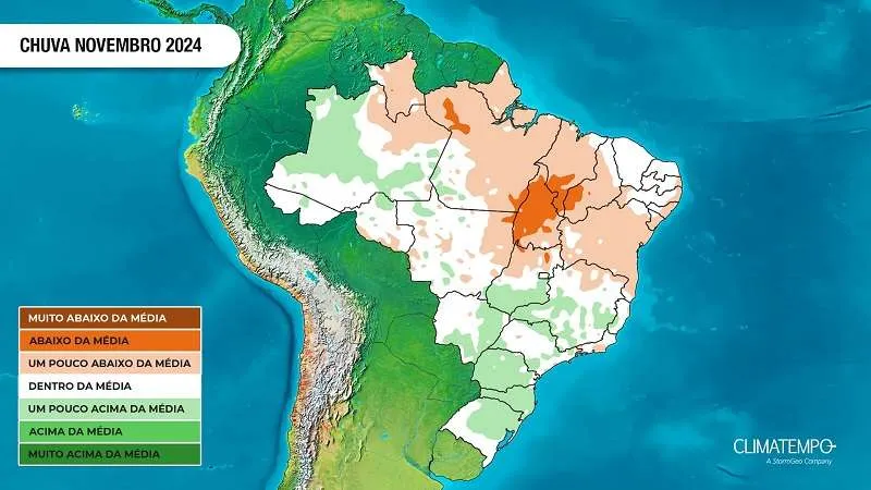 Anomalia de precipitação prevista para novembro de 2024 (Fonte: Climatempo)