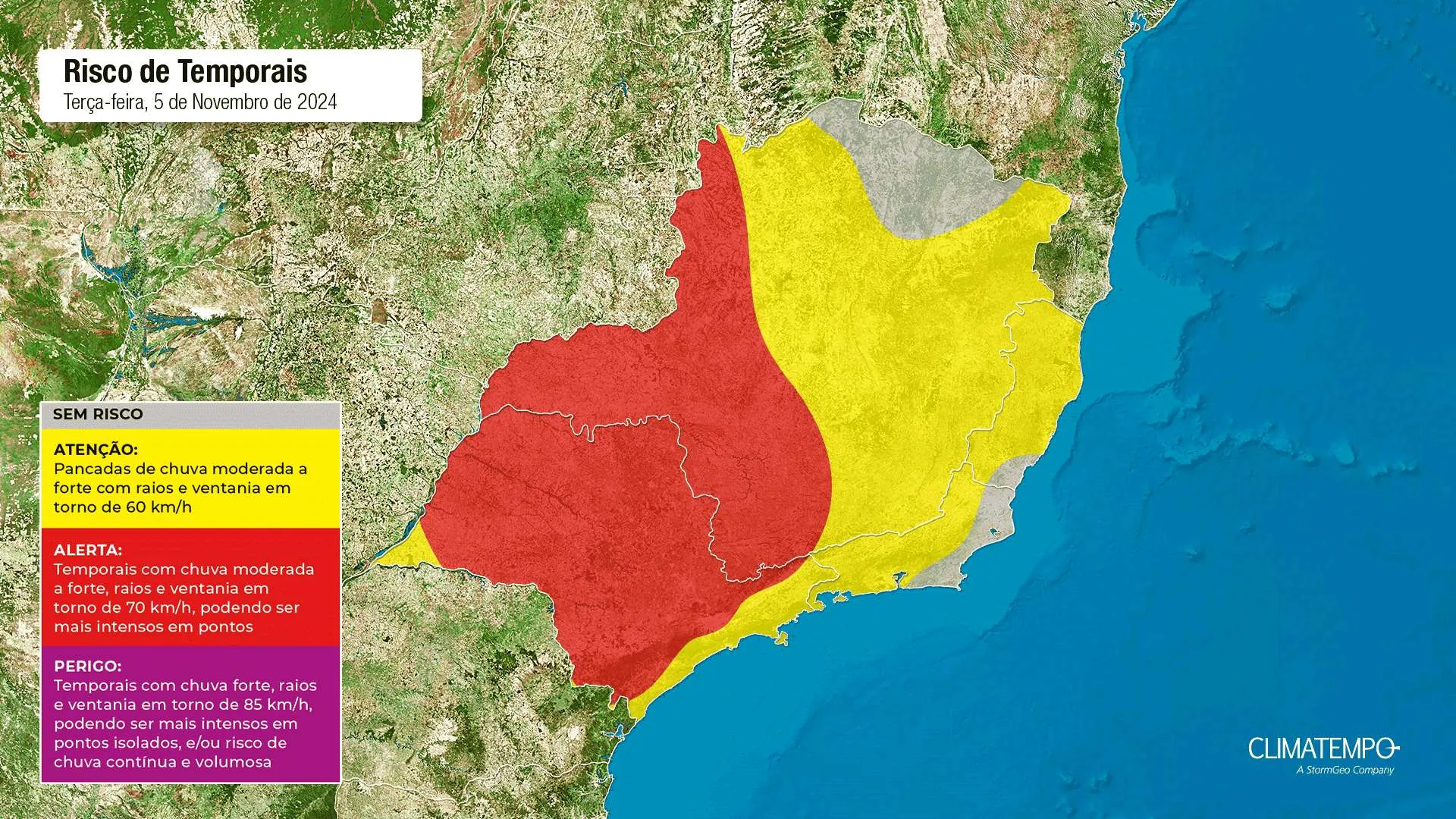 Mapa de risco de temporais no Estado de São Paulo. Fonte: Climatempo