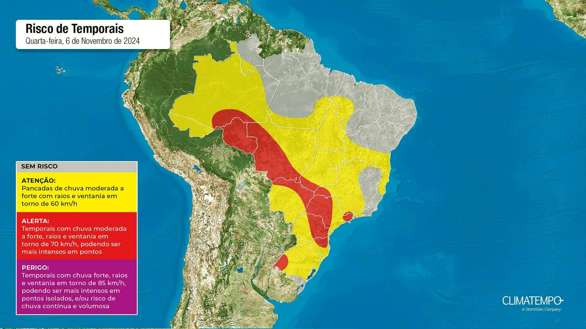 Mapa de risco de temporais no Brasil. Fonte: Climatempo. 