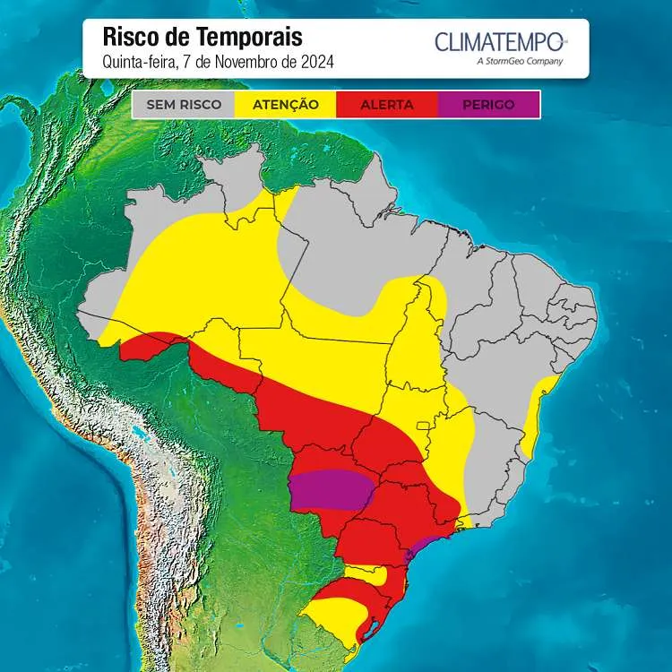 Risco de temporais no Brasil para 07/11/24. Fonte: Climatempo