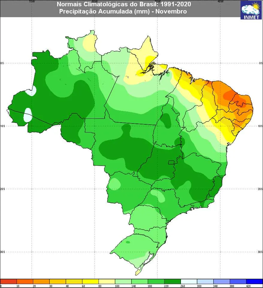 Climatologia de precipitação no Brasil para novembro (Fonte: Inmet – 1991-2020)