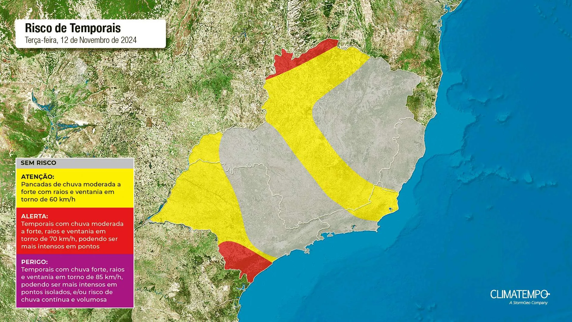 Figura 1- Mapa de risco para esta terça-feira 12 de novembro de 2024. Fonte: Climatempo. 