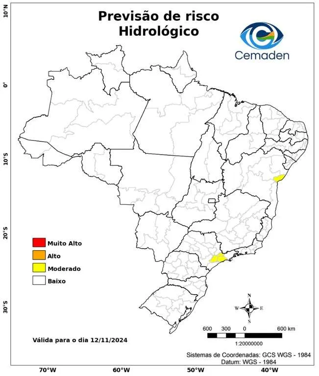 Figura 3- Mapa de risco  hidrológico para 12 de novembro de 2024. Fonte: CEMADEN. 