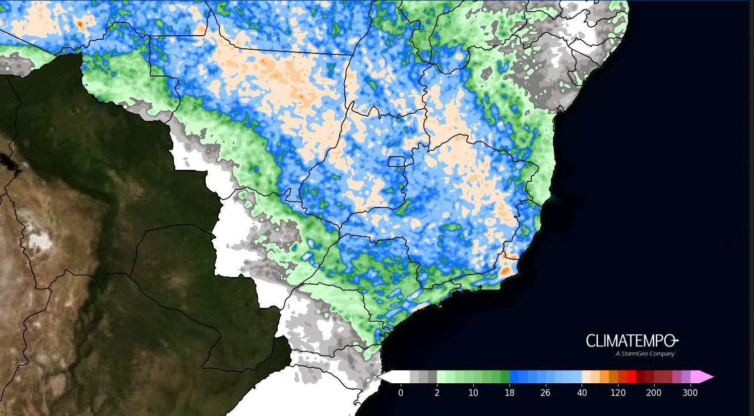 Acumulado de chuva entre 13 de novembro de 2024 e 15 de novembro de 2024. Fonte: Climatempo