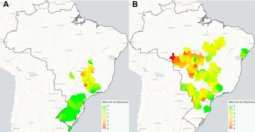 Figura 4. Mapa de ocorrência e severidade do Complexo de Bipolaris na safra de Verão (A) e 2° Safra (B) 2024. Fonte: Ag. Service/Bayer.