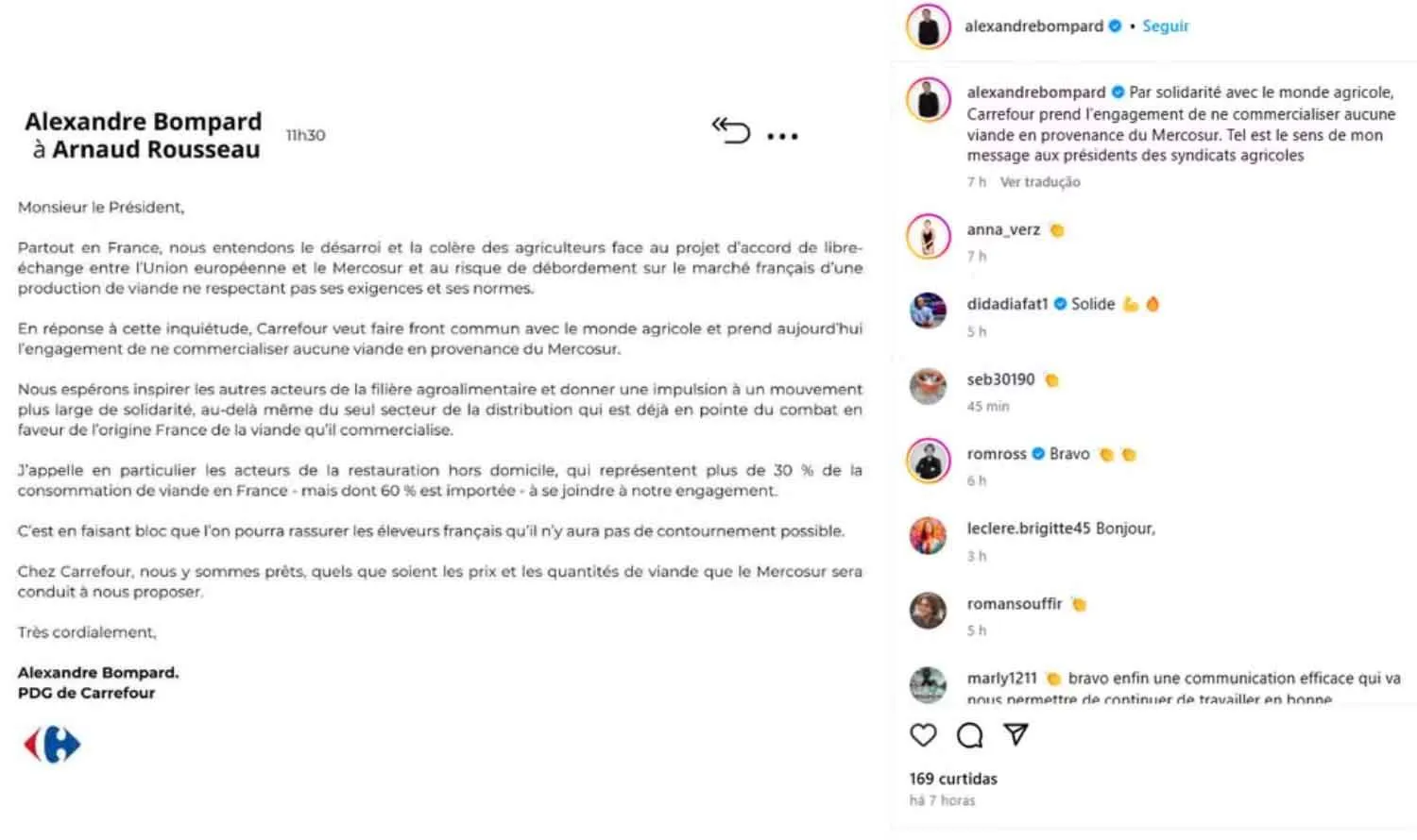 Publicação do CEO do Carrefour, Alexandre Bompard, em suas redes sociais