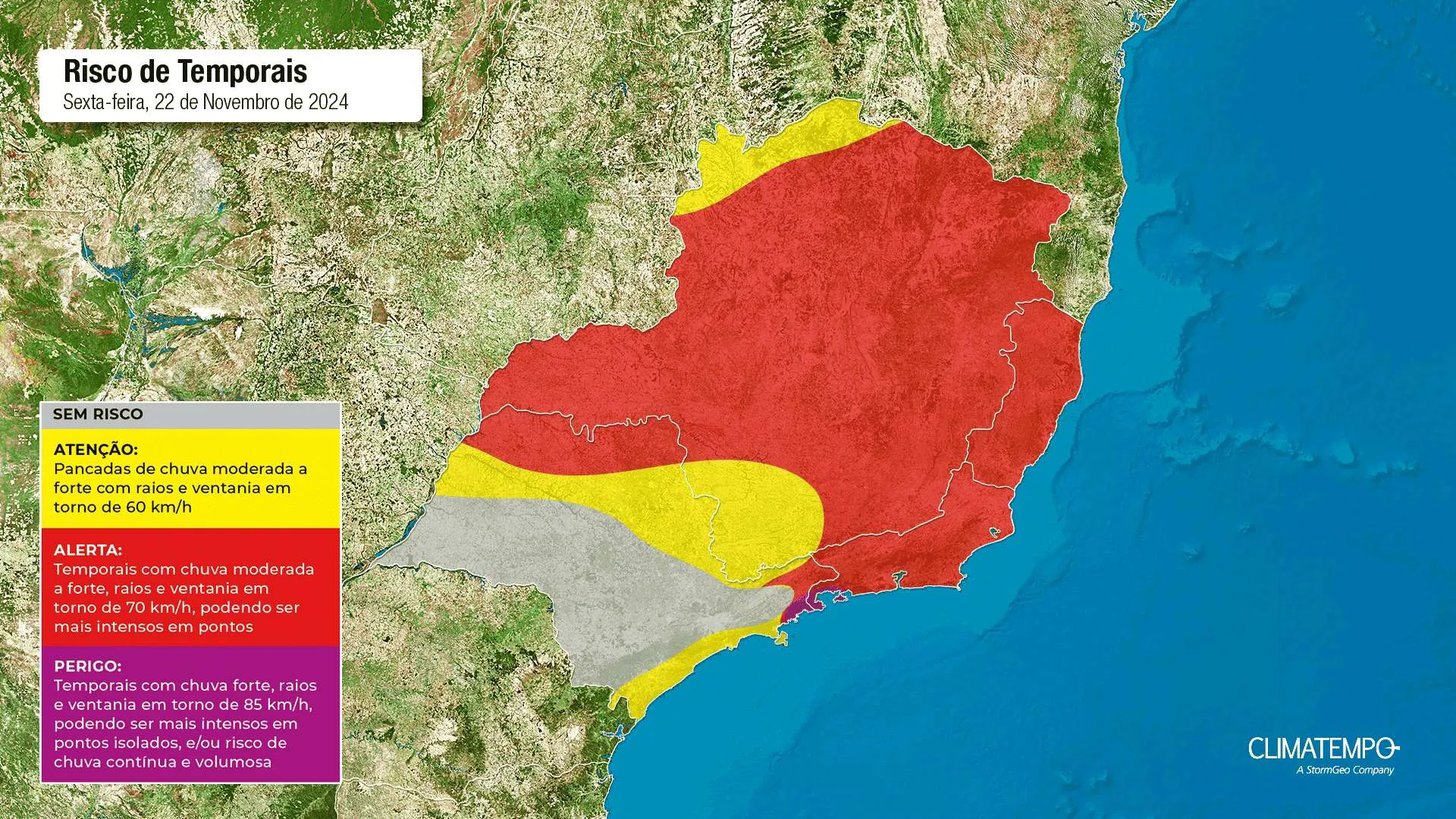 Mapa de risco de temporais para esta sexta-feira 22 de novembro de 2024. Fonte: Climatempo