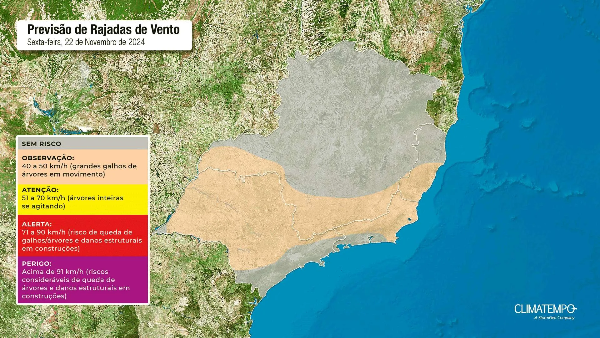 Mapa de risco de vento para esta sexta-feira 22 de novembro de 2024. Fonte: Climatempo