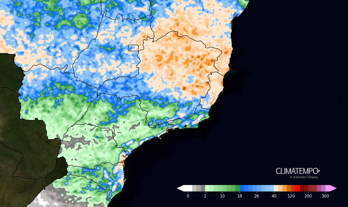 Mapa de acumulado de chuva previsto entre 22 de novembro de 2024 e 25 de novembro de 2024. Fonte: Climatempo