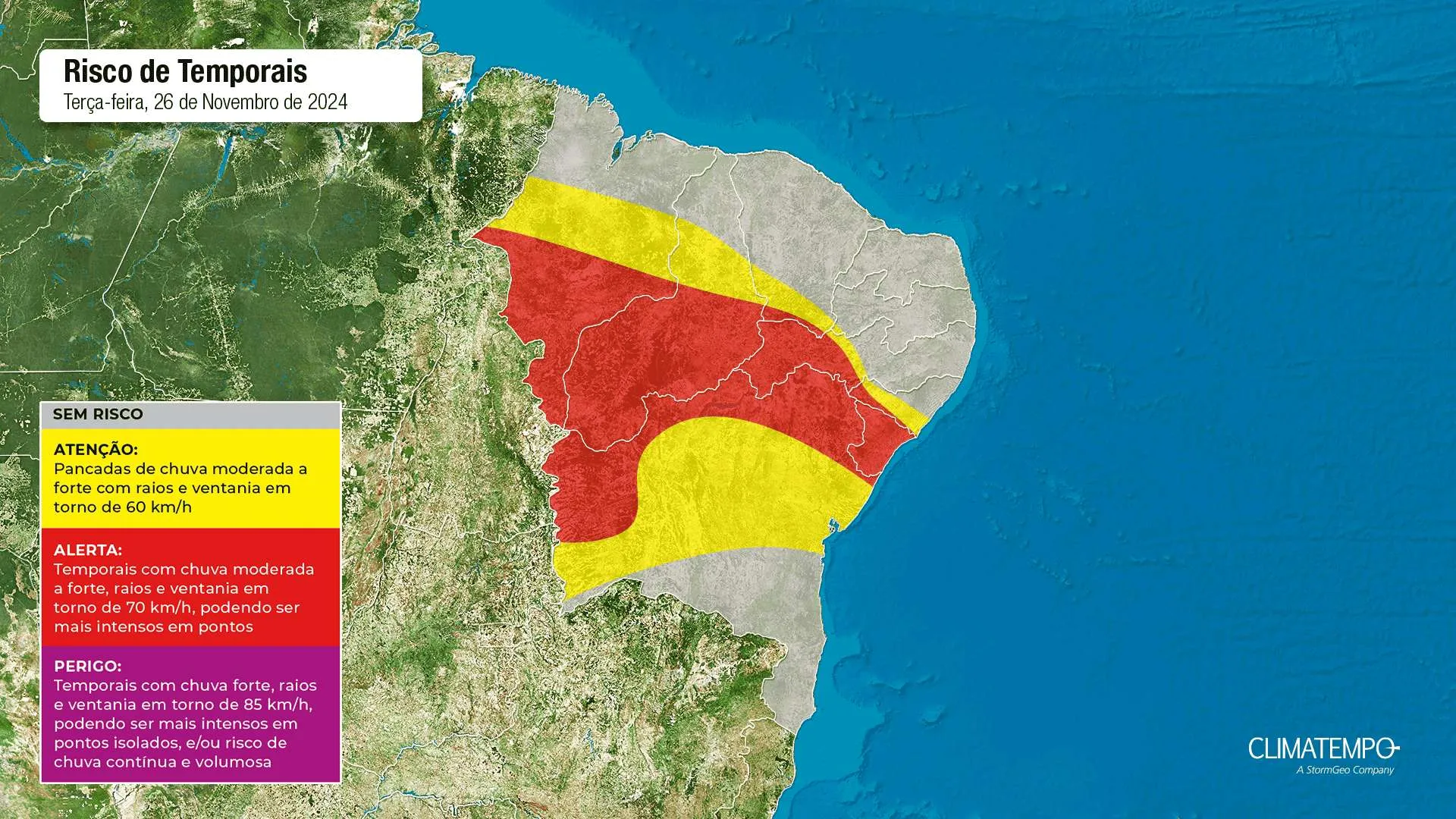 Mapa de risco para essa terça-feira 26 de novembro de 2024. Fonte: Climatempo.