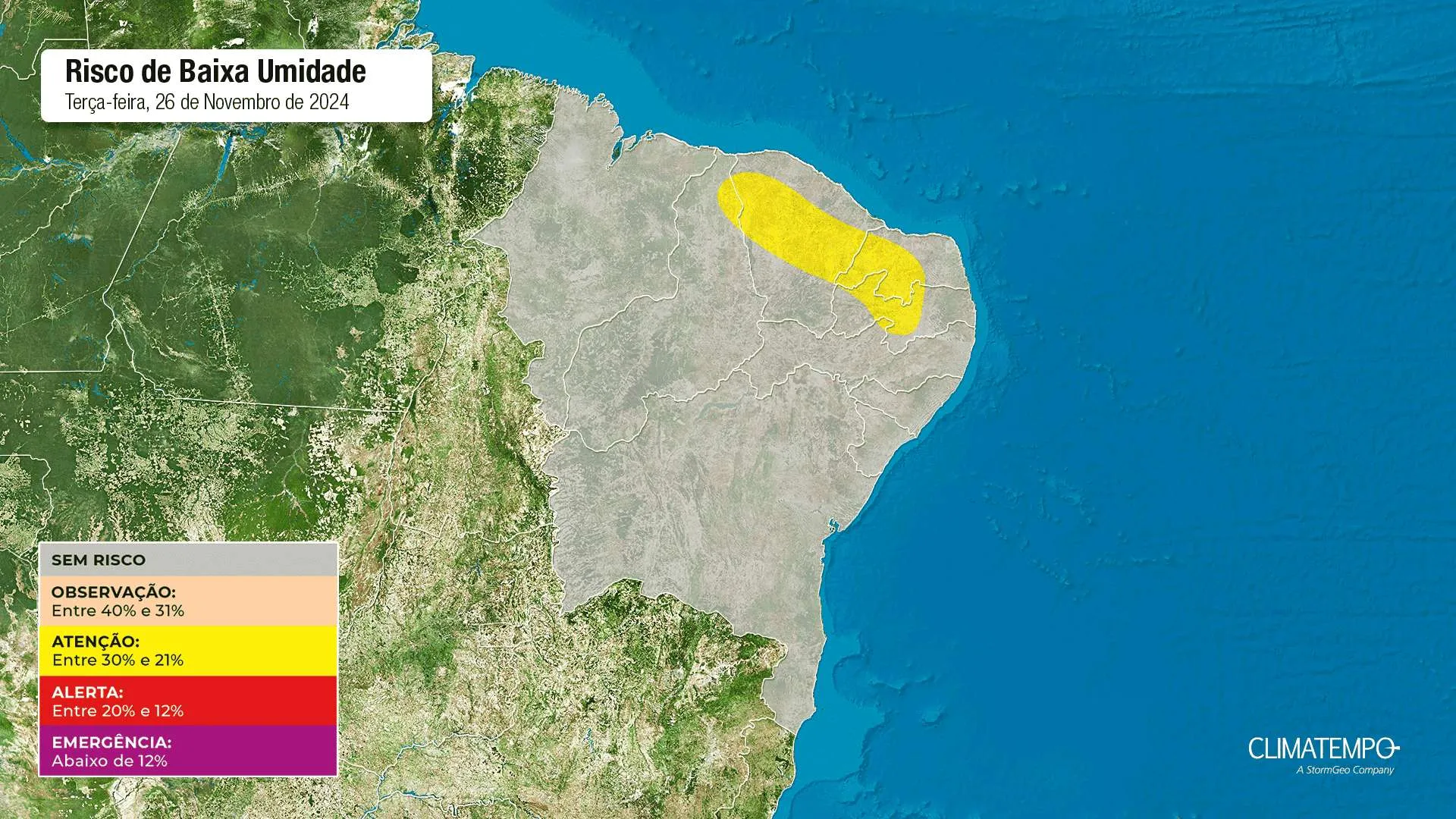 Mapa de risco para essa terça-feira 26 de novembro de 2024. Fonte: Climatempo.