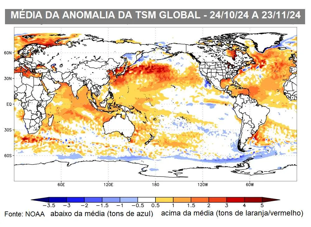 Média da anomalia global da temperatura da superfície do mar – 24/10/24 a 23/11/24 (Fonte:NOAA)