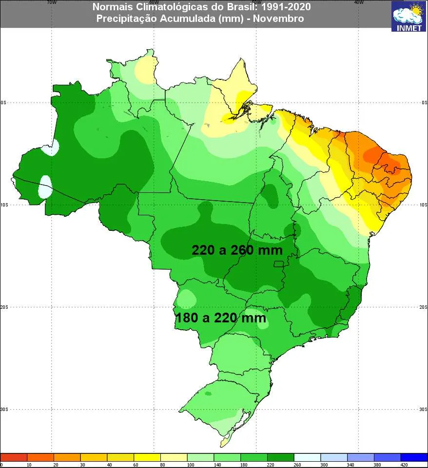 Climatologia de precipitação de novembro no Centro-Oeste do Brasil (Fonte: Inmet)