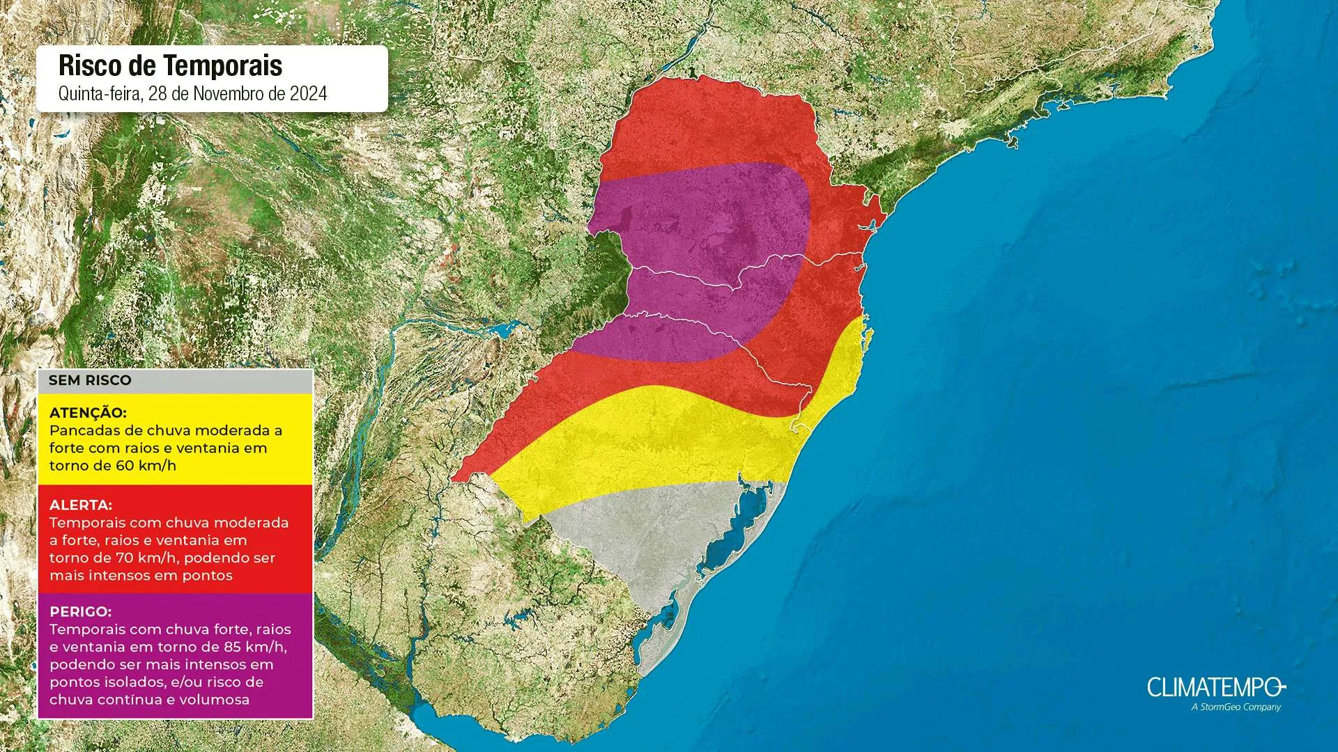 Mapa de risco para essa quinta-feira 28 de novembro de 2024. Fonte: Climatempo.