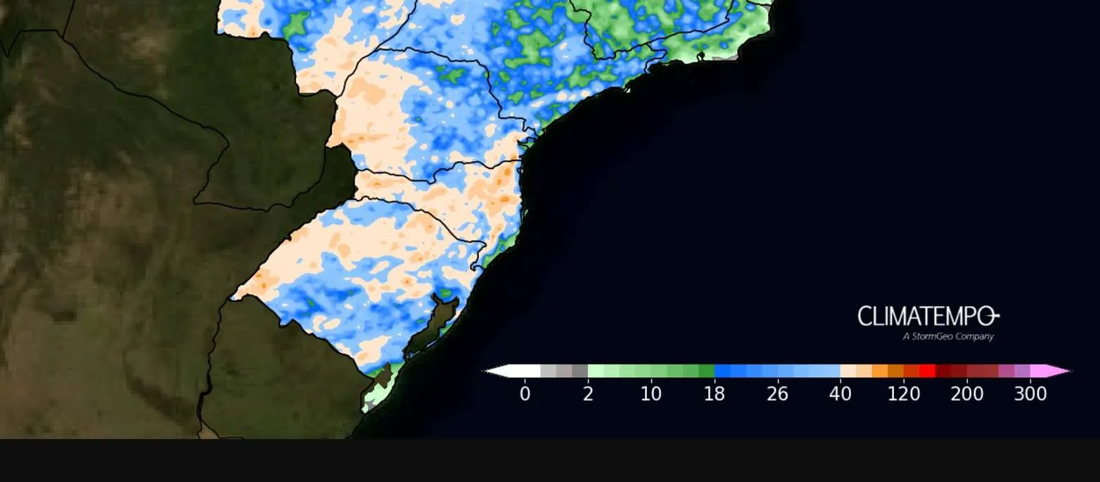 Mapa de acumulados previstos entre 28 de novembro de 2024 e 01 de dezembro de 2024. Fonte: Climatempo.