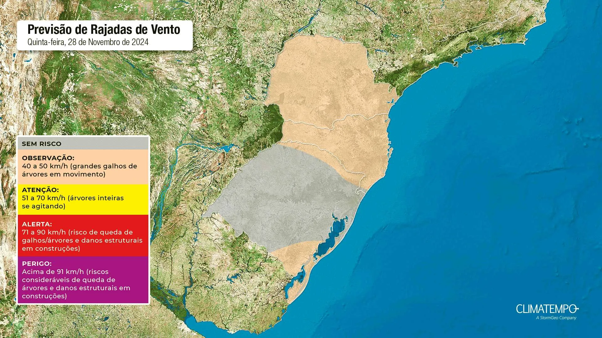 Mapa de risco  de ventos para essa quinta-feira 28 de novembro de 2024. Fonte: Climatempo.