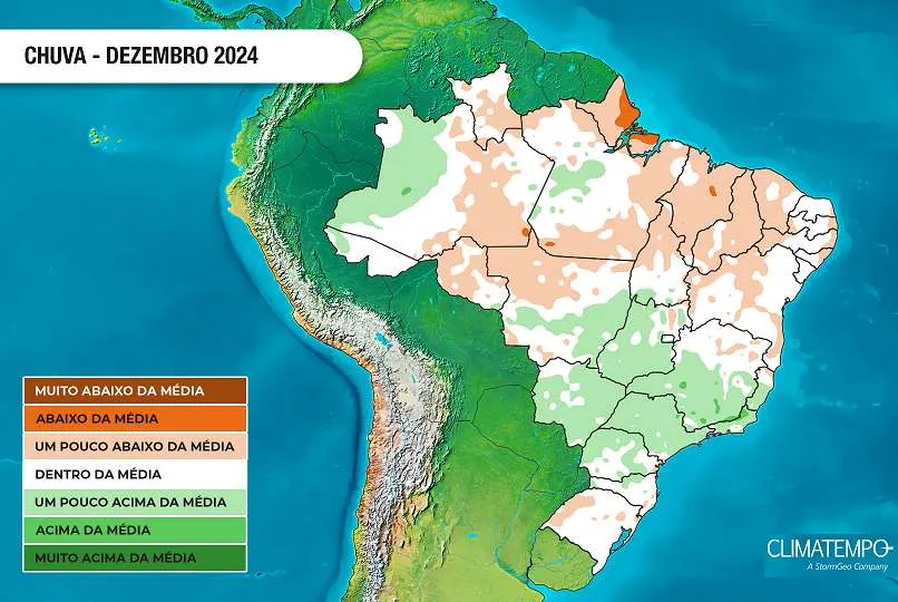 Tendência de precipitação no Brasil para dezembro de 2024 (Fonte: Climatempo)