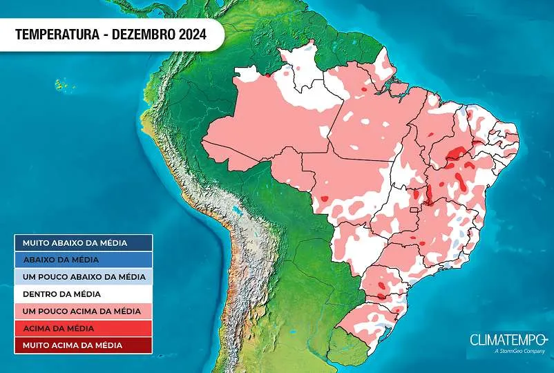 Tendência da temperatura no Brasil em dezembro de 2024 (Fonte: Climatempo)