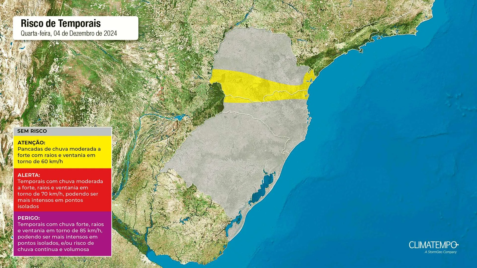 Mapa de risco de chuva para está quarta-feira 04 de dezembro de 2024. Fonte: Climatempo