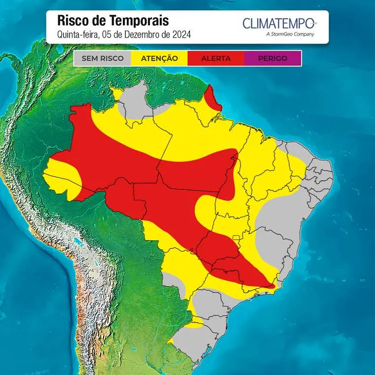 Mapa de risco de temporais no Brasil nesta quinta-feira, 05 de dezembro de 2024. Fonte: Climatempo. 