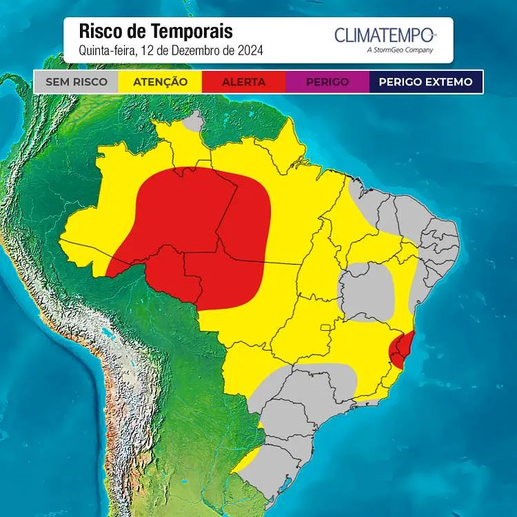 Risco de temporais no Brasil para 12/12/2024 (Fonte: Climatempo)