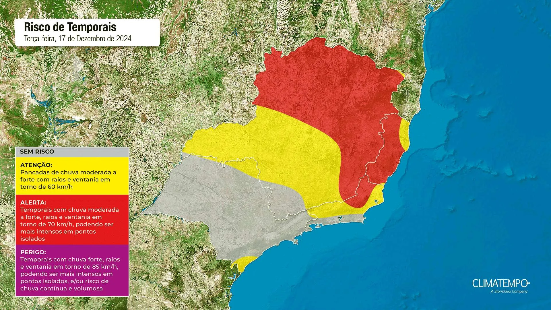 Mapa de risco para está terça-feira 17 de dezembro de 2024. Fonte: Climatempo