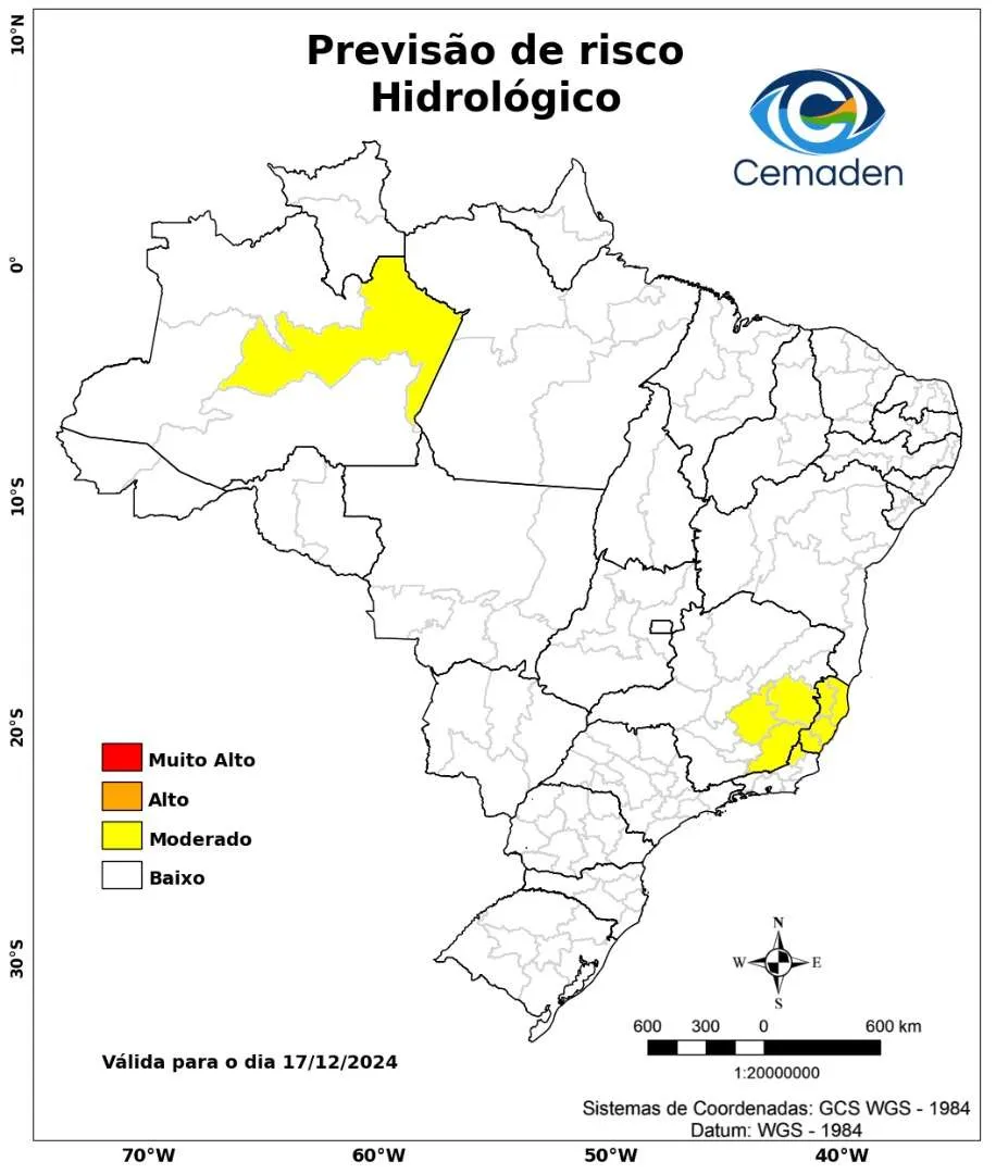 Mapa de risco de alagamento para está terça-feira 17 de dezembro de 2024. Fonte: CEMADEN