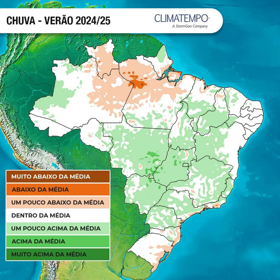 Anomalia de precipitação para o Brasil prevista para o verão 2025 (Fonte: Climatempo)