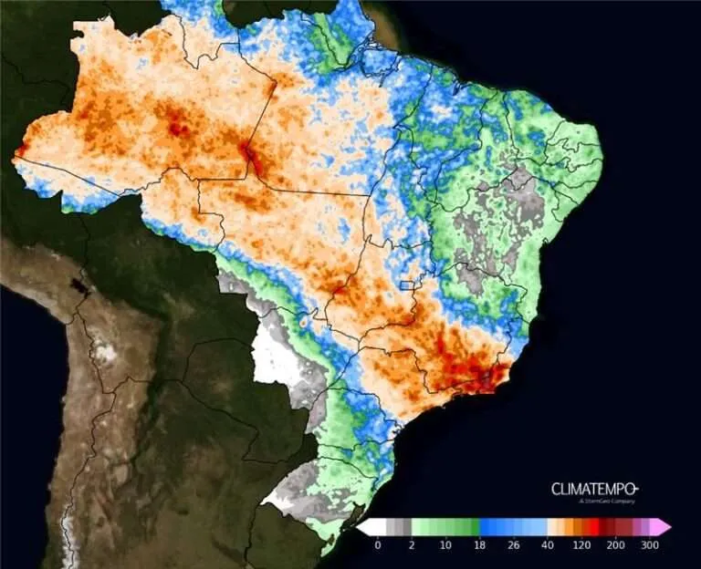 Mapa de acumulado de chuva previsto entre 26 de dezembro de 2024 e 31  de dezembro de 2024. Fonte: Climatempo