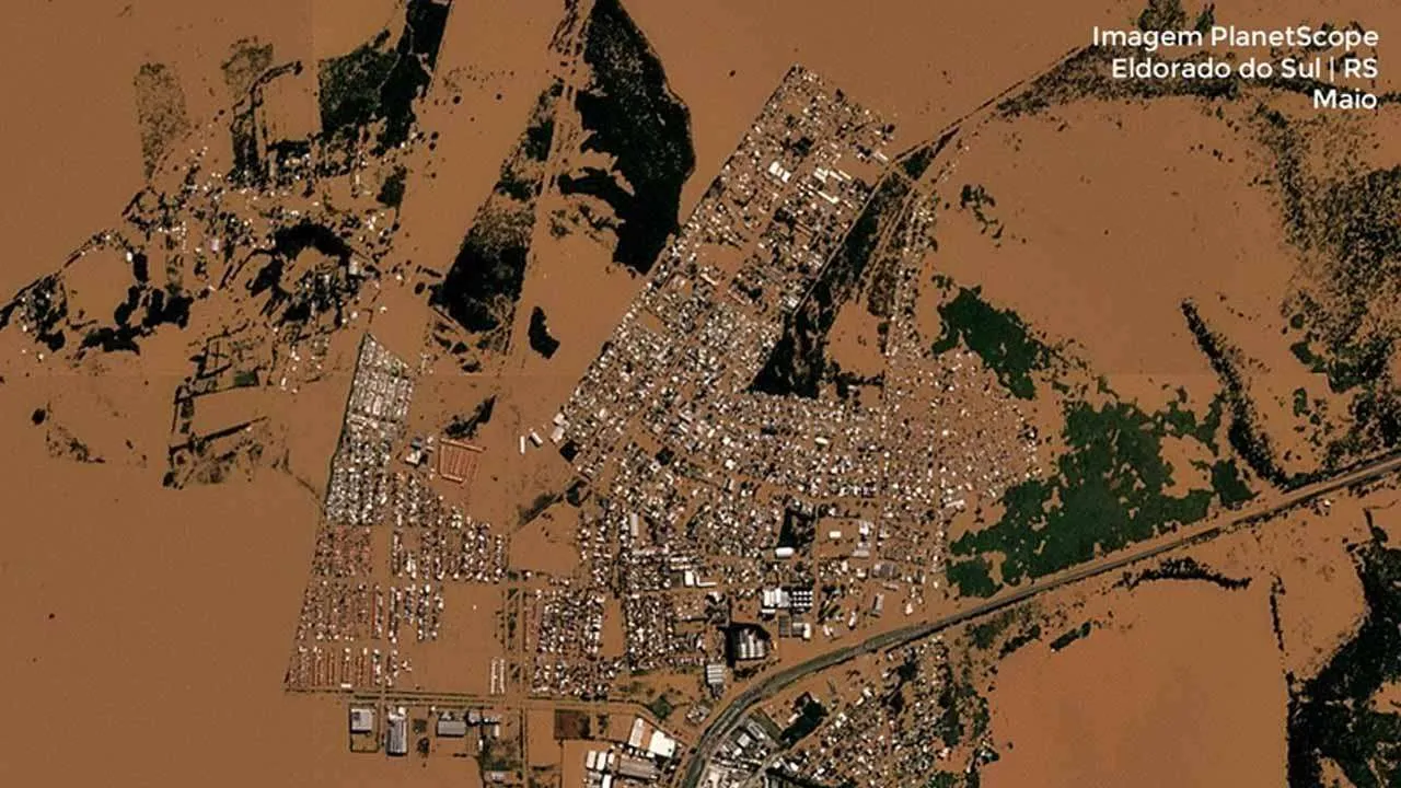 As enchentes no Rio Grande do Sul aconteceram em maio e atingiram mais de 470 cidades. Foto: SCCON / PlanetScope