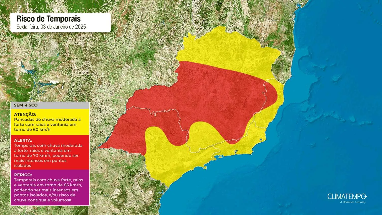 Figura 1- Mapa de risco para essa sexta-feira 03 de janeiro de 2025. Fonte: Climatempo