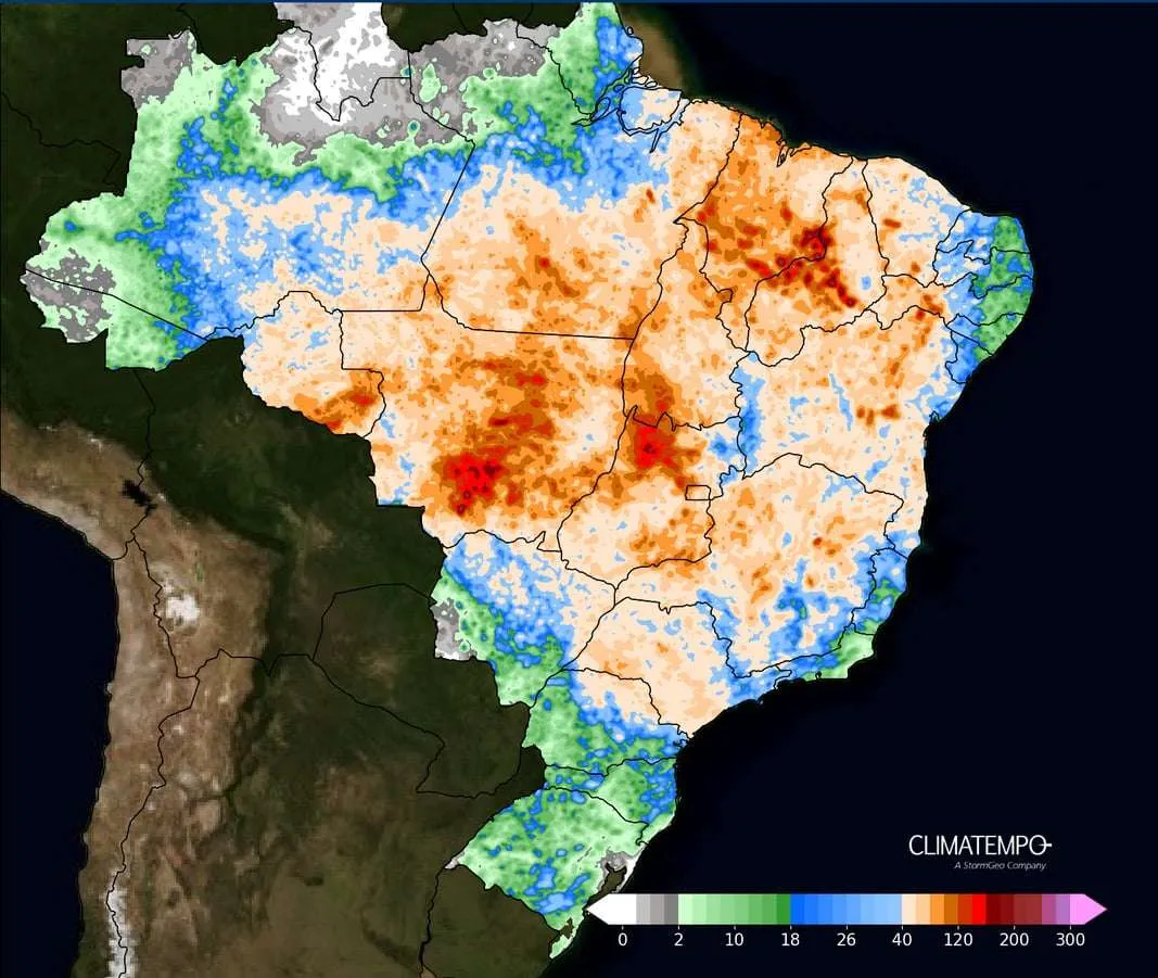 Acumulado de chuva previsto entre 14 de Janeiro e 2024 e 18 de janeiro de 2024. Fonte: Climatempo