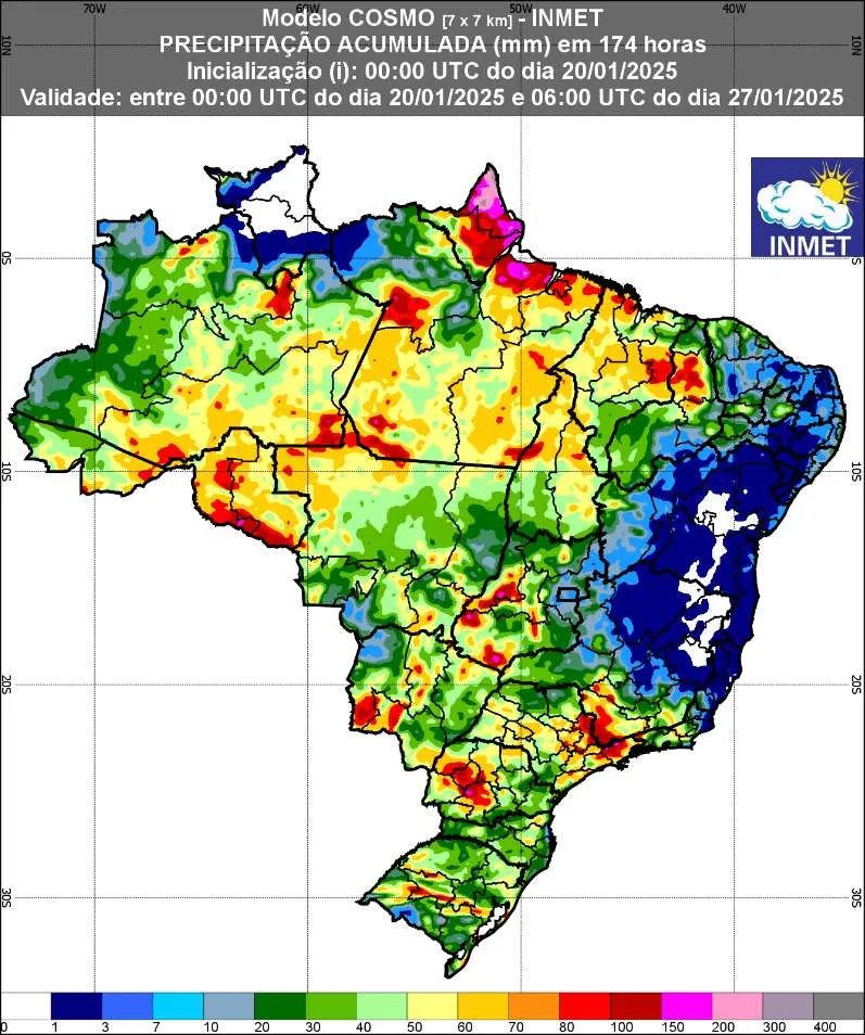 Previsão de chuva (20 a 27 de janeiro de 2025). Fonte: INMET